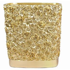 Hymmah Bathroom Trash Can 1.8 Gallon(7 Liter) Small Kitchen Garbage Can,Decor Wastebasket for Bedroom Office,Resin Hand-Carved Colla Lotus White&Gold