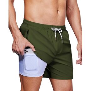 Alimens & Gentle Mens 5" Swim Trunks with Zipper Pocket 2 in 1 Swim Shorts with Compression Liner Quick Dry Beach Shorts