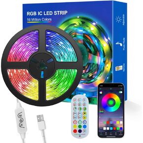 WS2811 IC WS2812b Individually Addressable LED Strip 16.4FT 60Pixels/m RGB IC Pixel Strip, Bluetooth APP Remote Control Music Sync USB 5V for Room Home TV Party Decoration