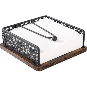 Flat Napkin Holder for Table, Farmhouse Napkin Holders for Paper Napkins, Napkin Holder with Weighted Arm, Rustic Metal Napkin Holder with Wooden Base