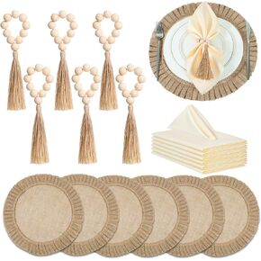 Gejoy 18 Pcs Round Burlap Placemats Wood Bead Napkin Rings with Dinner Napkins Cloth, Jute Placemats Heat Resistant Placemats Boho Wooden Rings for Plates Wedding Dining Table