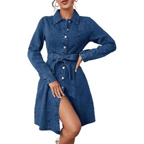 Women's Denim Dresses Long Sleeve Button Down Midi Jean Dress