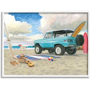 Stupell Industries Summer Sandy Beach Cruiser Surfboard Coastal Dog, Designed by James Wiens White Framed Wall Art, 30 x 24, Blue