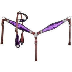 Showman Purple & Silver Sequins Inlay Leather Headstall & Breast Collar Set