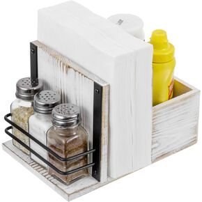 MyGift Shabby White Washed Solid Wood All-In-One Napkin Holder and Condiment Server Tabletop Dining Caddy with 3 Salt and Pepper Seasoning Shakers, 4 Piece Set
