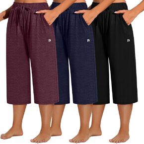 Neer 3 Pack Women's Plus Size Capris, Cotton Wide Leg Pants Casual Drawstring Capri Sweatpants Drawstring Pants with Pockets