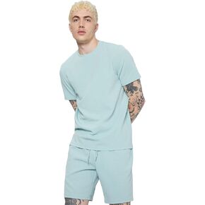 OYOANGLE Men's Casual 2 Piece Tracksuit Short Sleeve Round Neck Solid Tee and Tie Waist Shorts Set