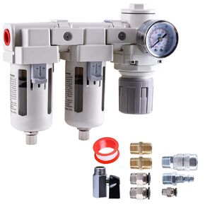 DFR-03 3/8 Inch NPT Air Drying System Double Air Filters AF3000+AF3000+AR3000-03, Air Pressure Regulator Combo, Semi-Auto Drain, Poly Bowl, 0-150 PSI Gauge