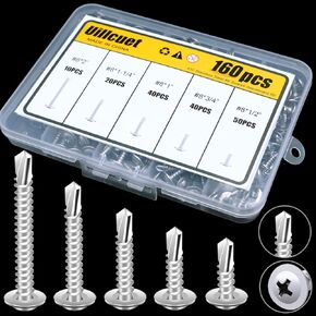 160PCS #8 Self-Tapping Screws Assortment Kit, Modified Truss Head Self Drilling Screws for Metal Wood Plastic, 410 Stainless Steel Sheet Metal Screws, 5 Sizes(Length 1/2" to 2'')