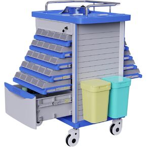 Medication Bins Cart with 200 Bins and Drawer - Dual-Sided Open, 50 Medicine Boxes, Silent Casters, Movable Container, 2 Trash Bin-Medical Crash Cart for Clinic, Hospital and Lab, Factory