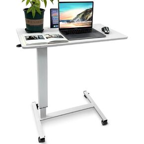 Rolling Overbed Bedside Table with Wheels, Pneumatic Height Adjustable Mobile Standing Laptop Desk, Portable Computer Desk, Heavy Duty Sit Stand Desk for Home Office Hospital, White
