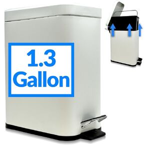 Reli. Small Trash Can with Lid, 1.3 Gallon (5 Liter) | Stainless Steel (White) | Small Bathroom Trash Can | Step Pedal Garbage Bin with Removable Bucket, Kitchen | Rectangular Metal Bin