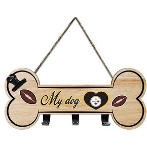 NFL Pittsburgh Steelers Key Hanger Bone Shape Sign with Hooks, Rope and Clip. Sporty Entrance Door/Fence Sign to Hang Keys, Hang Hats, Hang Leash/Collar. NFL Football Fan Waterproof Home/Yard Decor