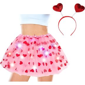 Women's Tulle Tutu Skirt with Red Valentines Day Headband, Light Up Ballet Dance Skirt for Party Halloween