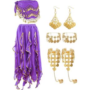 Haysandy 8 Pcs Belly Dance Outfit Sets, Belly Dance Chiffon Skirt with Coins, Belly Dancing Hip Scarf Skirt Wrap, 2 Coin Bracelets, 2 Gold Boho Earrings, and 2 Boho Anklet Bracelet for Women Girls