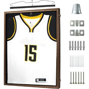 Jersey Frame Display Case, Solid Wood Large Sports Shirt Shadow Box with 98% UV Protection Acrylic and Hanger for Football Baseball Basketball Hockey Shirt and Uniform, Vintage White