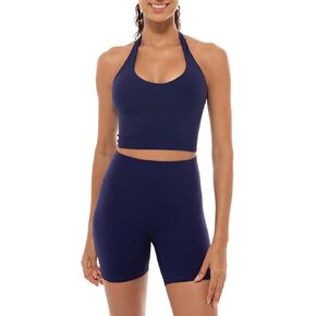 Ukaste Women's Studio Essential V-Neck Halter Sports Bra - Longline Padded Yoga Crop Tops with Built in Bra