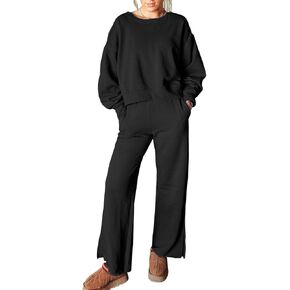 Women’s Two Piece Outfits Sweatsuit Long Sleeve Crewneck Pullover Sweatshirt with Wide Leg Pants Sweater Sets