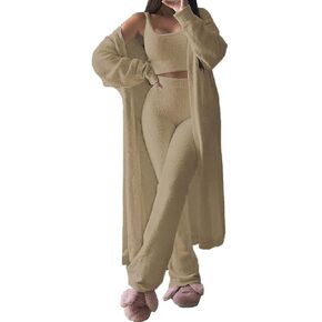 Linsery Womens Fuzzy Three Pc Cozy Pajamas Sets Open Front Cardigan Crop Vest Tops Wide Pants Winter Fleece Outfits Camel L