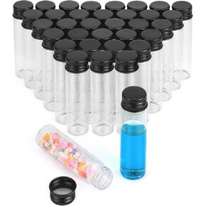 Kesell 20ml Small Clear Vials 35 Pack Glass Bottles with Screw Aluminum Caps Tiny Jars with Lids for Spices Small Glass Vials for Decorations Storage (Black Cap)