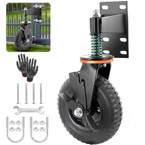 8 Inch Gate Wheel for Metal Tube Gate Wooden Gate,600lb Capacity Fence Gate Wheel with Brake, 360°Rotation Spring Shock Absorbing Heavy Duty Gate Caster with Gloves and Wrenches