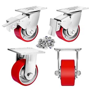 4 Inch Heavy Duty Casters, Set of 4 Wheels (2 Rigid & 2 Swivel with Brakes), Polyurethane Material on A Cast Iron Core, 3,200 Lbs Total Load Capacity, Ideal Industrial Grade Casters