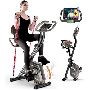 HARISON Folding Exercise Bike 350 LBS Capacity, 5 in 1 Bluetooth Stationary Bikes for Home with 16-Level Resistance and Arm Resistance Bands, Magnetic X-Bike with LCD Monitor & Back Support
