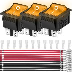 3PCS Rocker Toggle Switch AC 16A 250V/20A 125V DPST 4 Pins 2 Position ON/Off Yellow LED Yellow Illuminated Boat KCD4 Snap in Square Switch 12 PCS Terminal Wire Sheath (6.3mm/0.24inch)