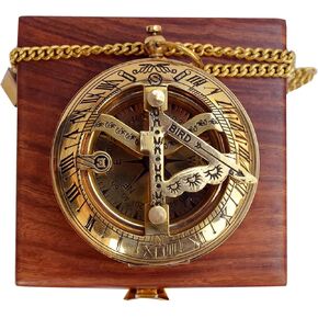 Vintage Brass Sundial Compass with Wooden Box - Antique Brass & Copper Sun Clock for Camping, Hiking, Touring - Engraved Gift for Him - Nautical Ship Replica Watch - Sundial Clock in Box