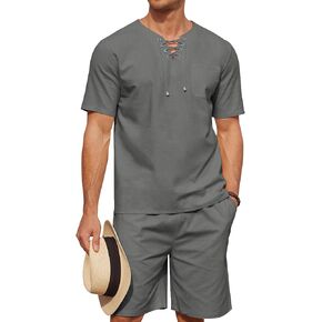 COOFANDY Men Linen Short Set 2 Piece Beach Lace Up Shirts Elastic Waist Shorts Outfit