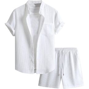 GORGLITTER Men's 2 Piece Summer Beach Outfits Waffle Knit Short Sleeve Button Down Shirt Top and Shorts Set