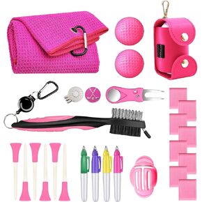 Golf Accessories Kit 20 PCS Pink Golf Gift Set - Golf Towel, Ball Marker, Pins, Golf Club Cleaner, Pink Golf Balls w/Holder, Ball Alignment Kit, Divot Repair, Plastic Tees, All Pink Kit