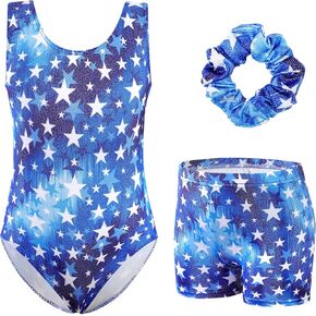 XiaoMoSha Gymnastics Leotards for Girls with Shorts and Hair Tie Sparkly Ballet Dance Set Biketards Outfit for Kid 3-12 Years