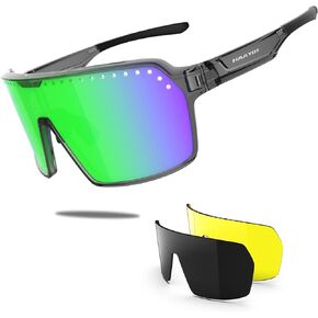 HAAYOT Polarized Cycling Glasses,Sports Sunglasses for Men Women,Baseball Running Fishing Biking Sunglasses with 3 Lenses Transparent Gray Green