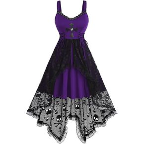 Rosegal Women Plus Size Gothic Lace-up PU Cross Skulls Lace Panel Asymmetrical High Low Midi Dress Rivets Straps Punk Dress in Kuwait