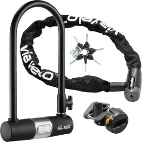 Via Velo Bike Lock 2 Sets U Lock Sold Secure Silver 15mm Shackle, 9x4.5in and Bike Chain Lock, 8mm Chain, 2.96ft Length, Same Key System 6 Keyed Alike Keys, for All Bikes, Electric Bikes