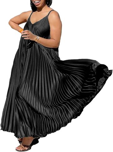 LAJIOJIO Fall Maxi Dresses for Women 2024 Flowy Swing Pleated Sleeveless Spaghetti Strap Halter Neck Long Maxi Dress in Kuwait