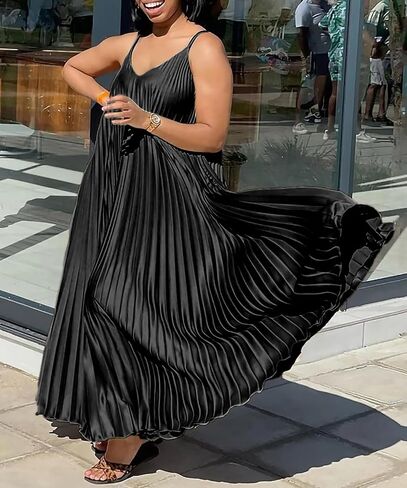 LAJIOJIO Fall Maxi Dresses for Women 2024 Flowy Swing Pleated Sleeveless Spaghetti Strap Halter Neck Long Maxi Dress in Kuwait