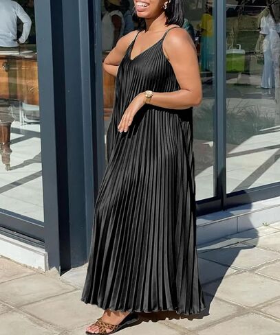 LAJIOJIO Fall Maxi Dresses for Women 2024 Flowy Swing Pleated Sleeveless Spaghetti Strap Halter Neck Long Maxi Dress in Kuwait