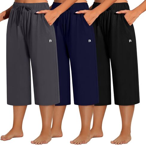 Neer 3 Pack Women's Plus Size Capris,Wide Leg Loose Pants Casual Drawstring Capri Sweatpants Drawstring Pants with Pockets in Saudi Arabia