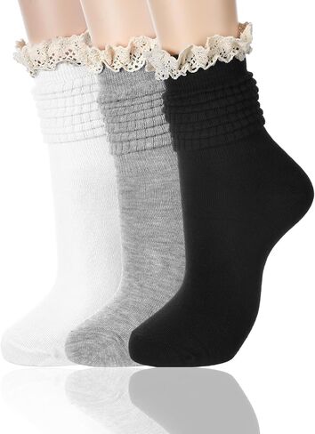 3 Pack Women Slouch Socks Cotton Knit Boot Socks Knee High Socks Scrunch Socks Stacked Socks with Lace Trim in Kuwait