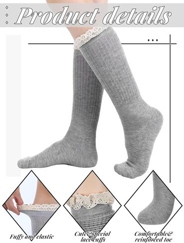 3 Pack Women Slouch Socks Cotton Knit Boot Socks Knee High Socks Scrunch Socks Stacked Socks with Lace Trim in Kuwait