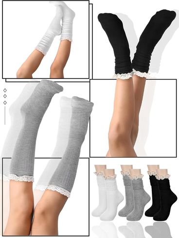 3 Pack Women Slouch Socks Cotton Knit Boot Socks Knee High Socks Scrunch Socks Stacked Socks with Lace Trim in Kuwait