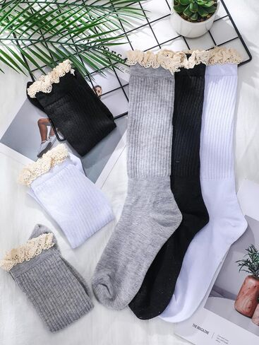 3 Pack Women Slouch Socks Cotton Knit Boot Socks Knee High Socks Scrunch Socks Stacked Socks with Lace Trim in Kuwait
