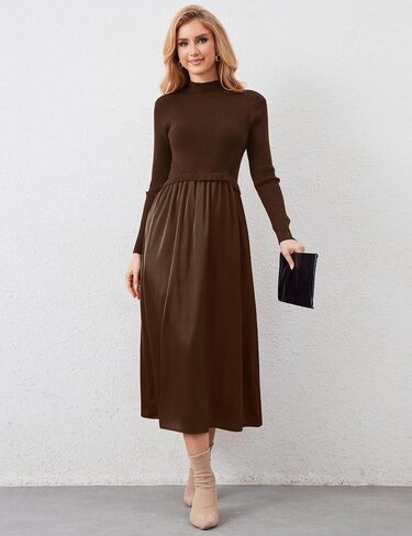 Lauweion Women's Turtleneck Sweater Maxi Dress Long Sleeve Slim Fit Ribbed Knit Pullover Jumper Top Fall Flowy Long Dresses Camel in Saudi Arabia