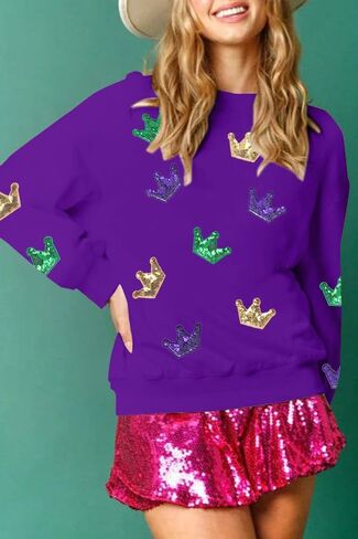 MOUSYA Mardi Gras Sequin Crown Sweatshirt Woman Fat Tuesday Shirt Saints New Orleans Party Shirts Long Sleeve Casual Tops in Kuwait