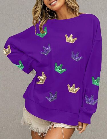 MOUSYA Mardi Gras Sequin Crown Sweatshirt Woman Fat Tuesday Shirt Saints New Orleans Party Shirts Long Sleeve Casual Tops in Kuwait