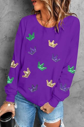 MOUSYA Mardi Gras Sequin Crown Sweatshirt Woman Fat Tuesday Shirt Saints New Orleans Party Shirts Long Sleeve Casual Tops in Kuwait