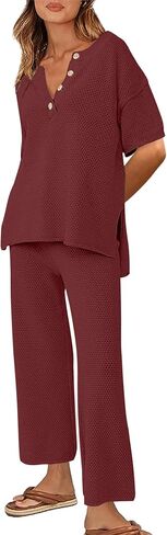 Ekouaer Women's 2 Piece Sweater Sets Knit Pullover Tops and Wide Leg Pants Loose Tracksuit Lounge Set Outfits Rosy, XL in Saudi Arabia