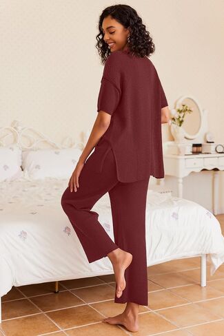 Ekouaer Women's 2 Piece Sweater Sets Knit Pullover Tops and Wide Leg Pants Loose Tracksuit Lounge Set Outfits Rosy, XL in Saudi Arabia